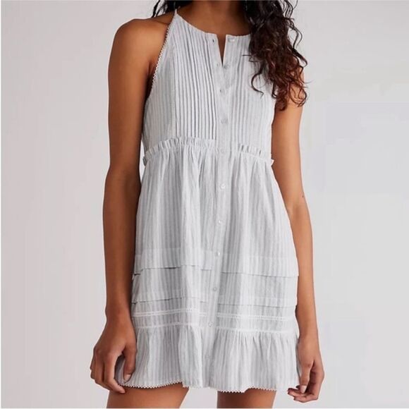 Free People NWT Desert Days Striped Cotton Mini Dress in Ivory/Light Blue Medium - Picture 1 of 8